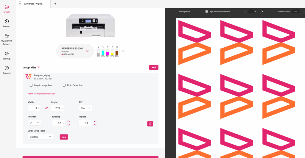 Sawgrass Print Utility workflow interface showing file organization and print settings