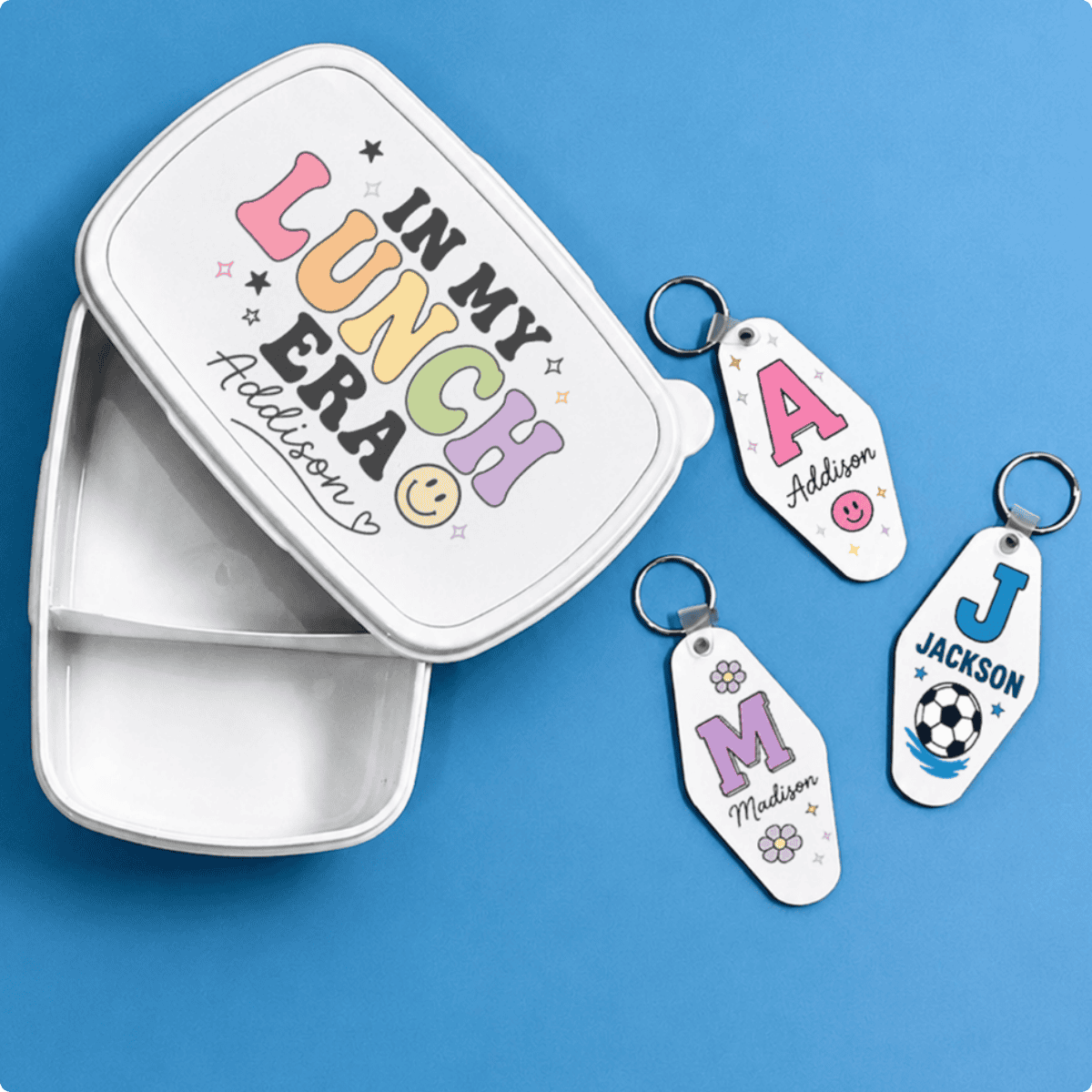 Personalized lunch box and backpack keychains