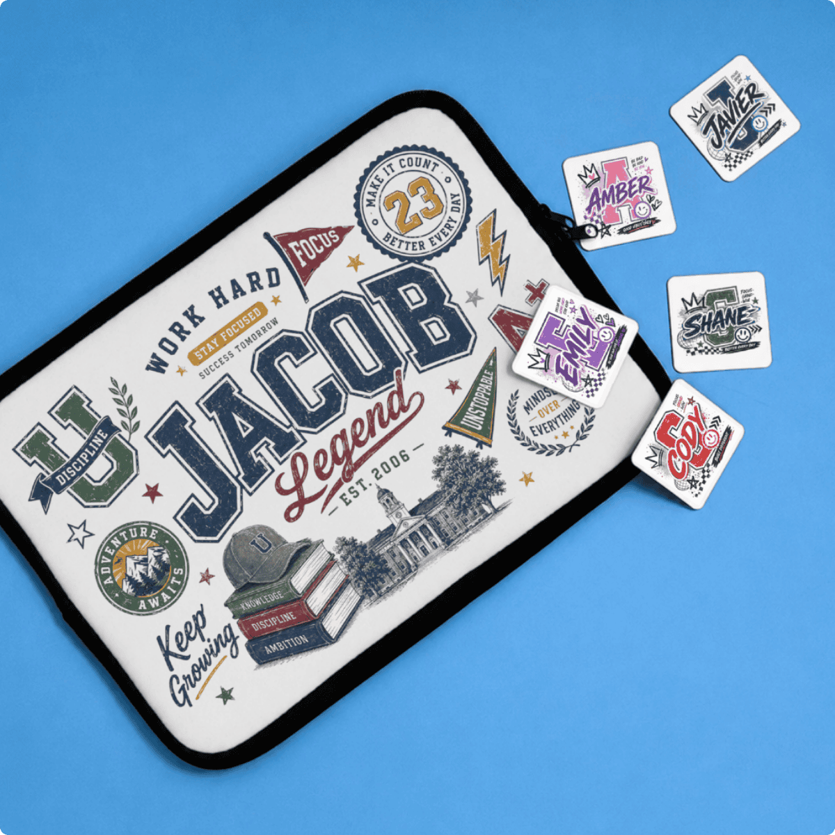 Personalized college laptop sleeve and locker magnets