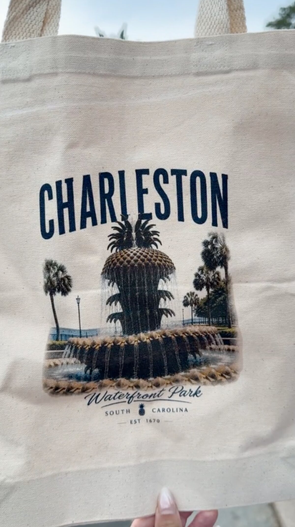 A Charleston Pineapple Fountain design printed on a tote bag