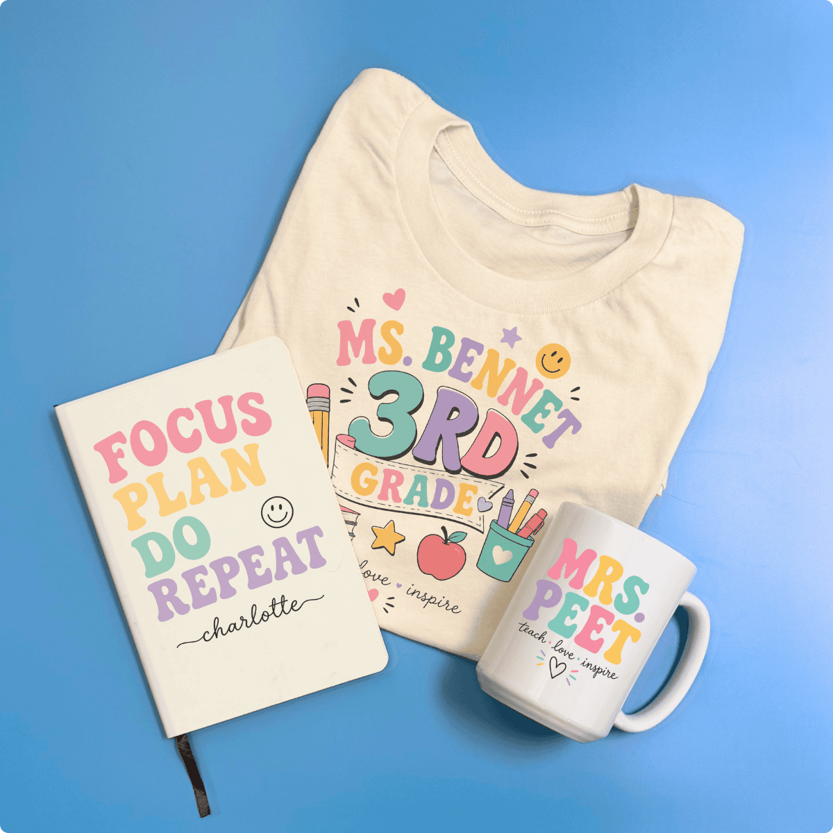 Personalized teacher shirt, notebook and mug