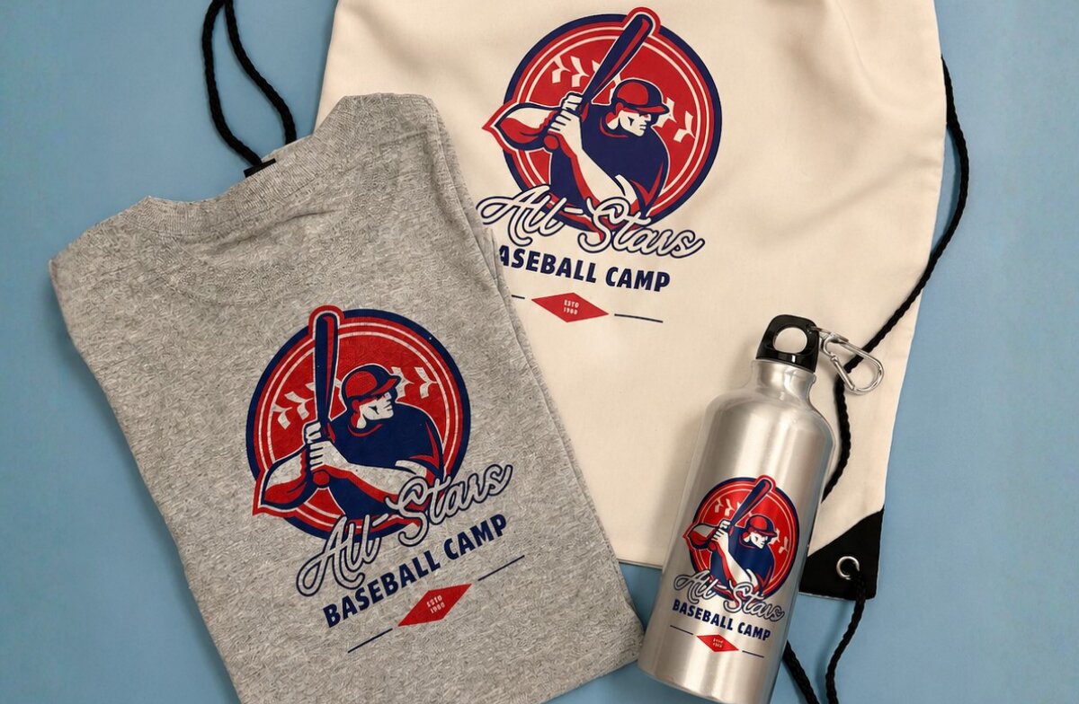 Matching baseball camp shirt, drawstring bag and water bottle