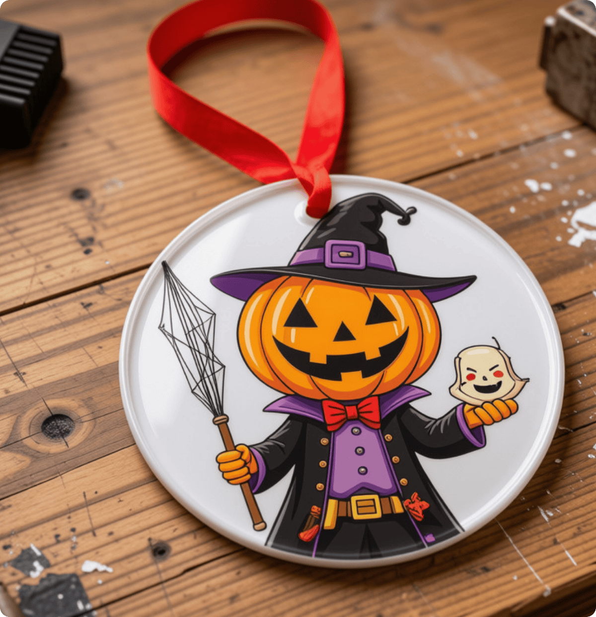 Halloween pumpkin character printed on an ornament