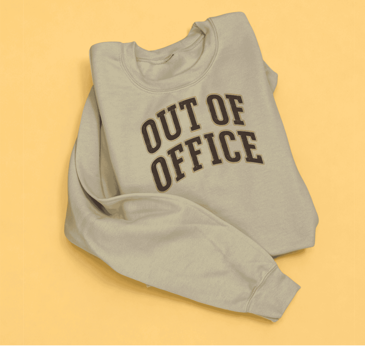 Neutral crewneck decorated with an Out of Office design