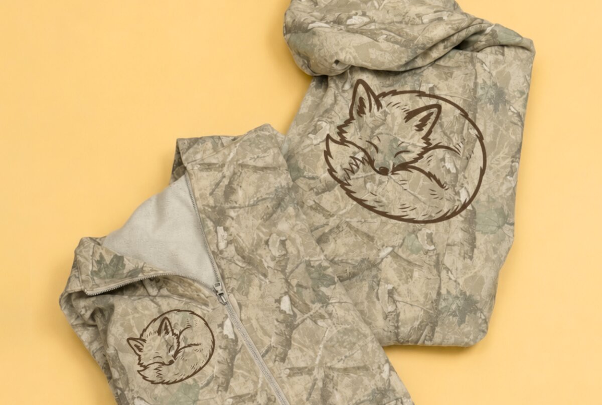 Camo hoodies decorated with curled sleeping fox designs