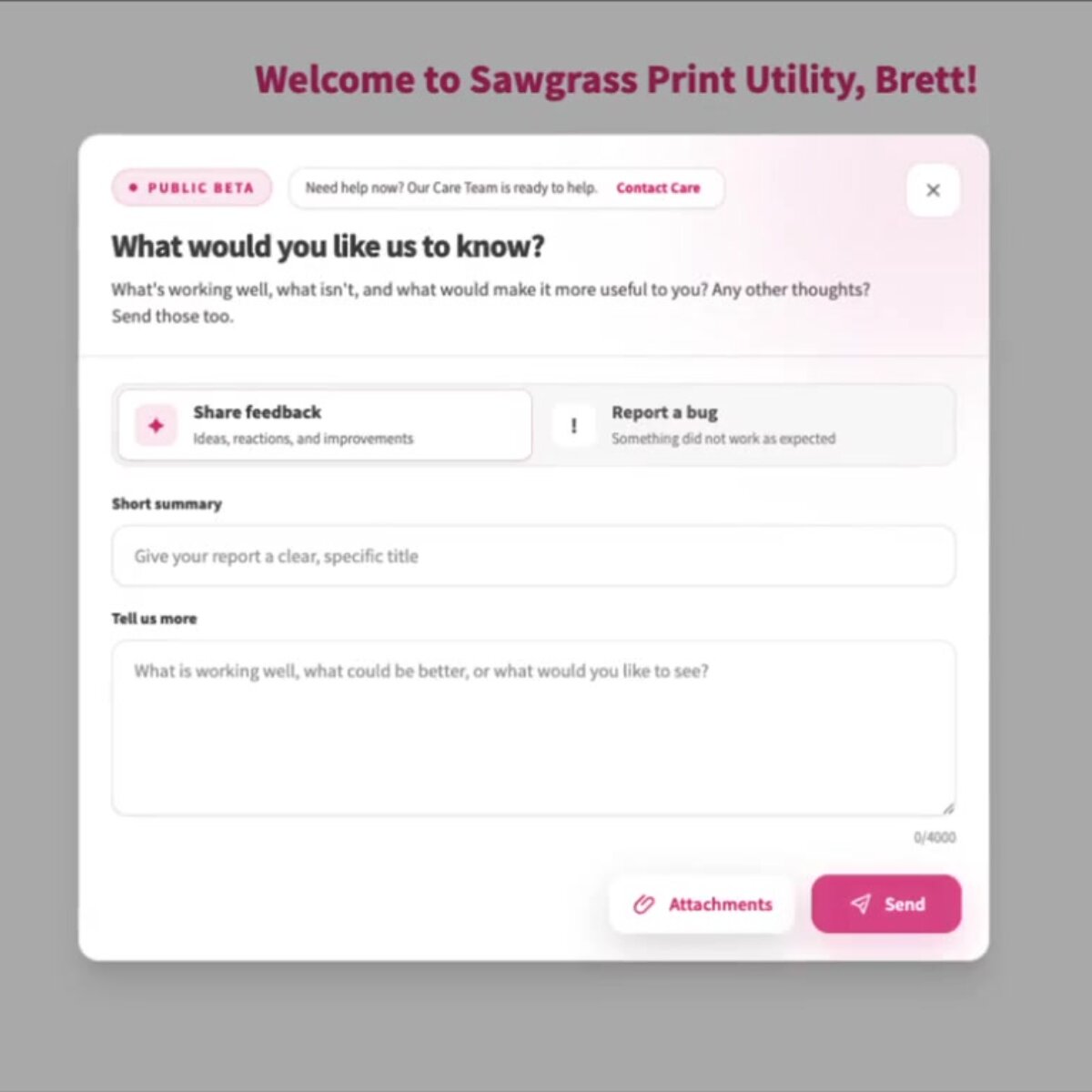 The feedback form inside Sawgrass Print Utility